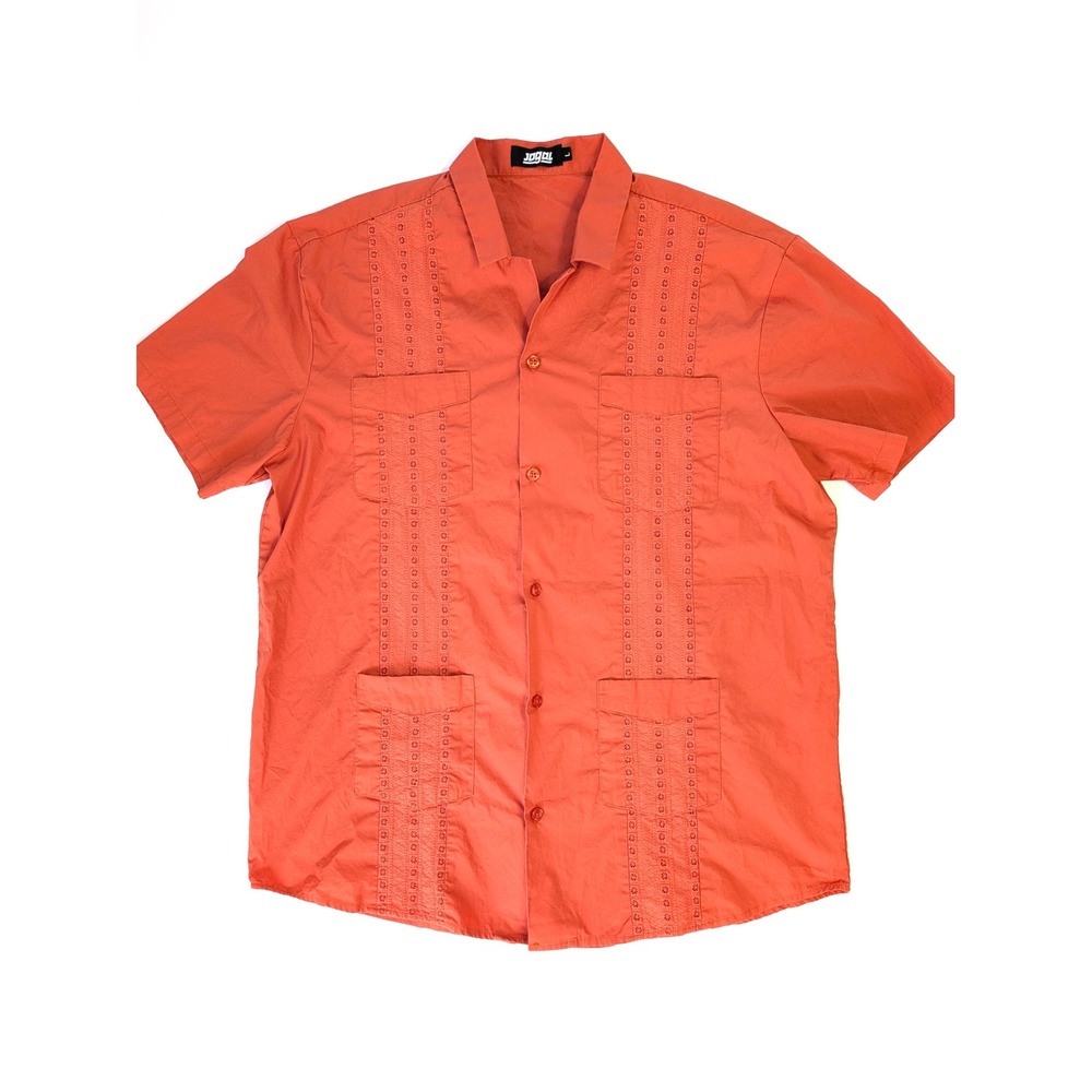 Jogal Mens Orange Guayabera Shirt Short Sleeve Cotton Eyelet Embroidered Large